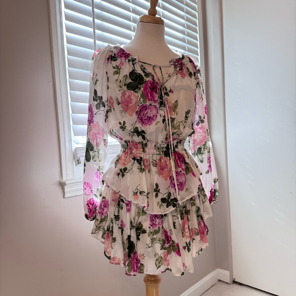 LoveShackFancy Floral Mini Dress - Pink and Green Floral pattern cotton silk